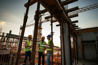 Drie arbeiders in veiligheidshesjes en helmen, aan het werk op een bouwplaats met kranen op de achtergrond.