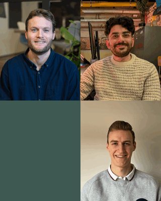 Drie jonge mannen poseren in portretformaten, met verschillende achtergronden en kledingstijlen.